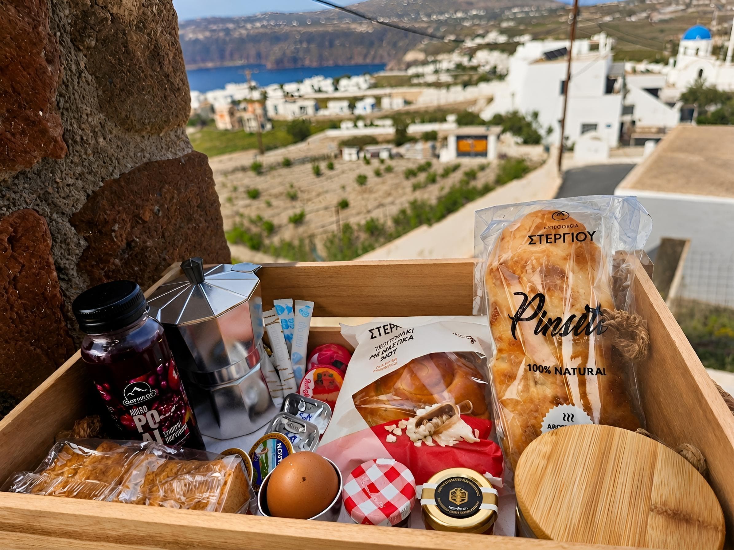 Greek breakfast basket with local pastries and honey